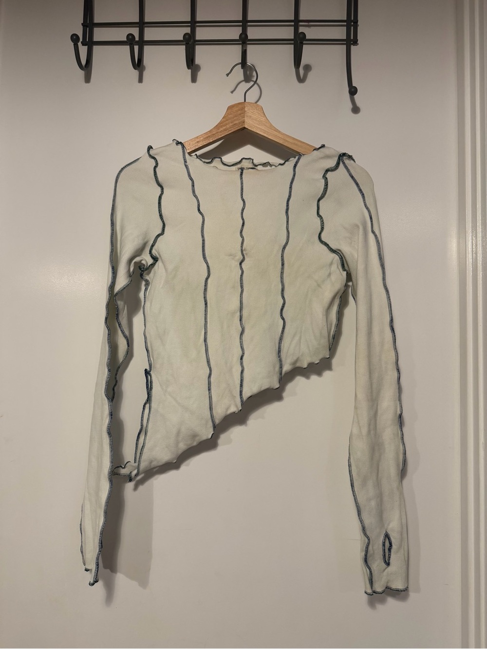 Asymmetric Cream Long-Sleeve Top with Contrast Seam